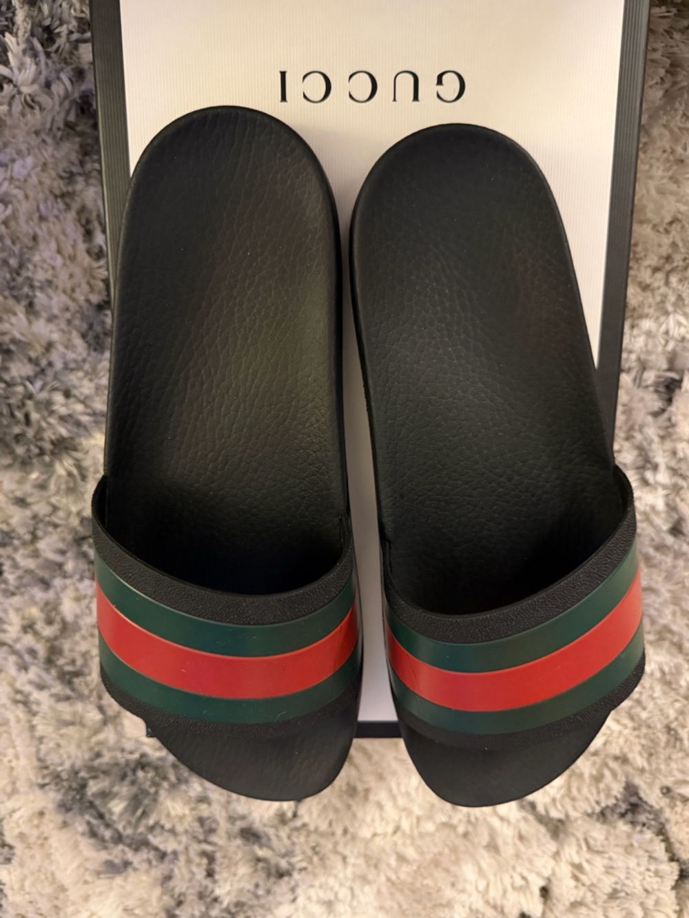 Gucci Black Slides with Green and Red Stripes